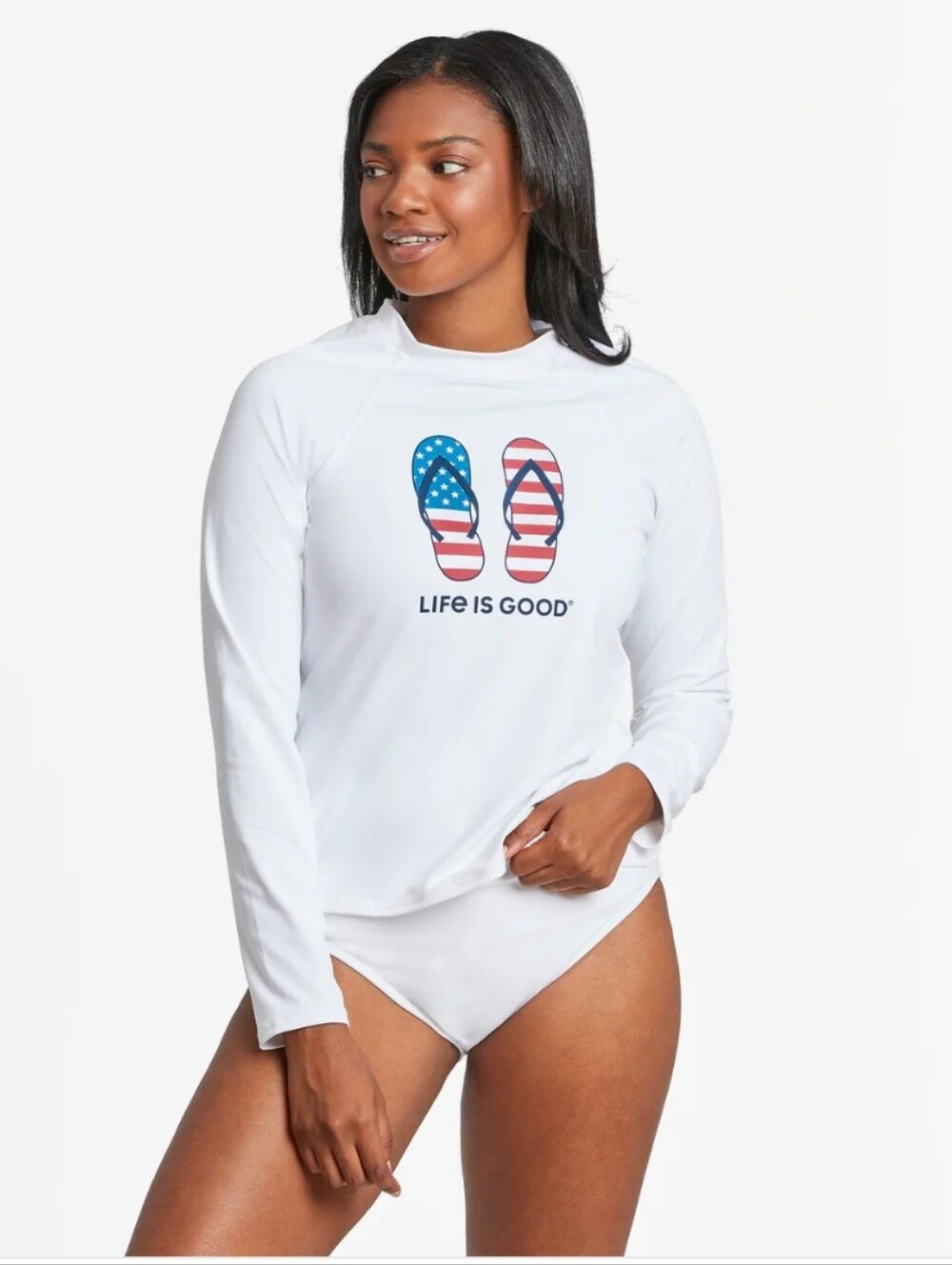 Life Is Good Women's White Rash Guard with Flag Flip-Flop Graphic